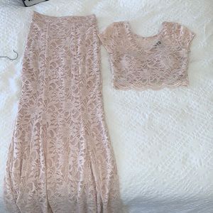 Dusty pink lace two piece fitted prom dress